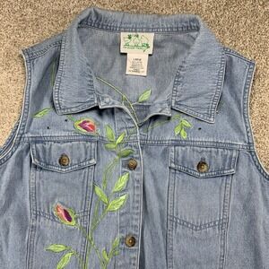 Quacker Factory Women's Large Vest Blue Denim Embroidered Flowers Pockets VTG